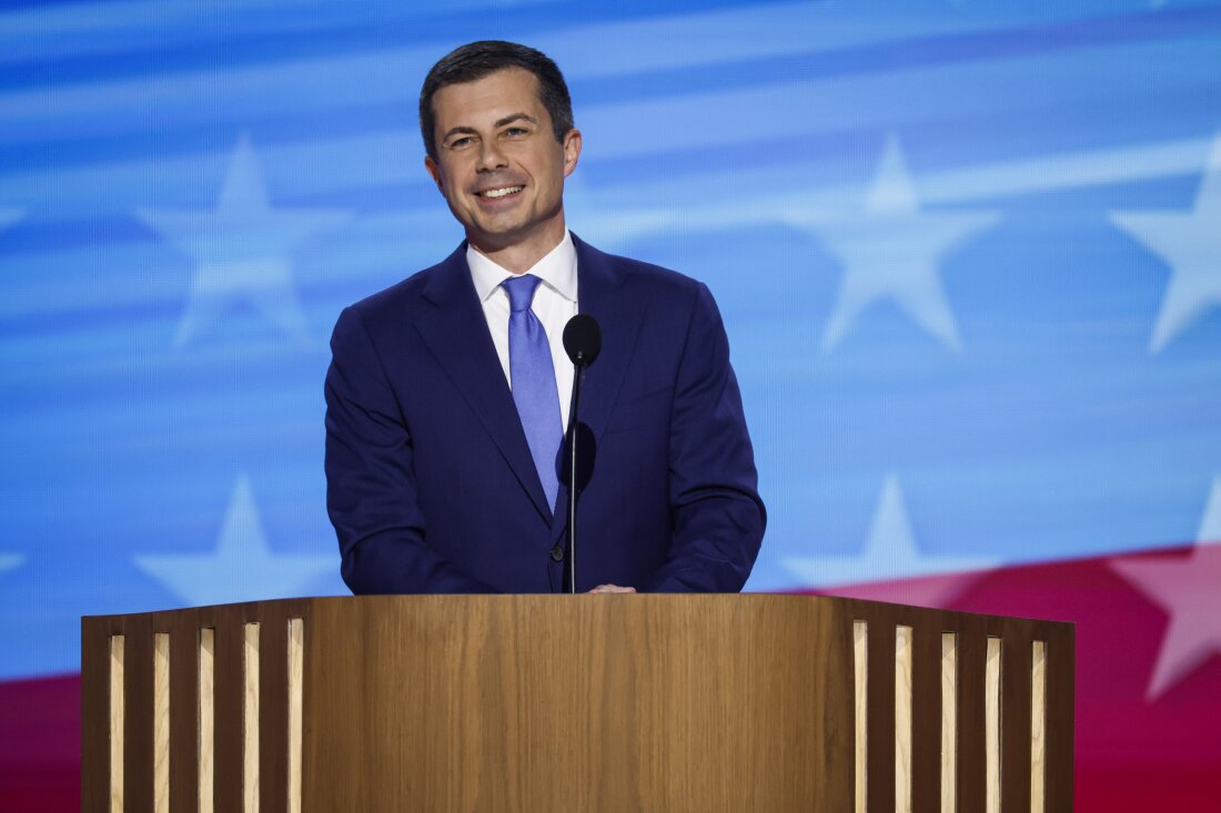 U.S. Transportation Secretary Pete Buttigieg speaks on stage during the third day of the Democratic National Convention in Chicago, Illinois.