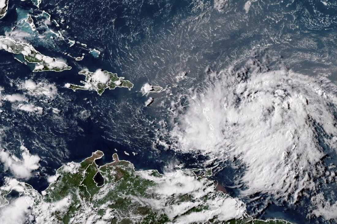 This GOES-16 GeoColor satellite image taken at 4:30 p.m. EDT and provided by National Oceanic and Atmospheric Administration (NOAA) shows Tropical Storm Ernesto over the Atlantic Ocean and moving west-northwest toward the Lesser Antilles, on Monday, Aug. 12, 2024.