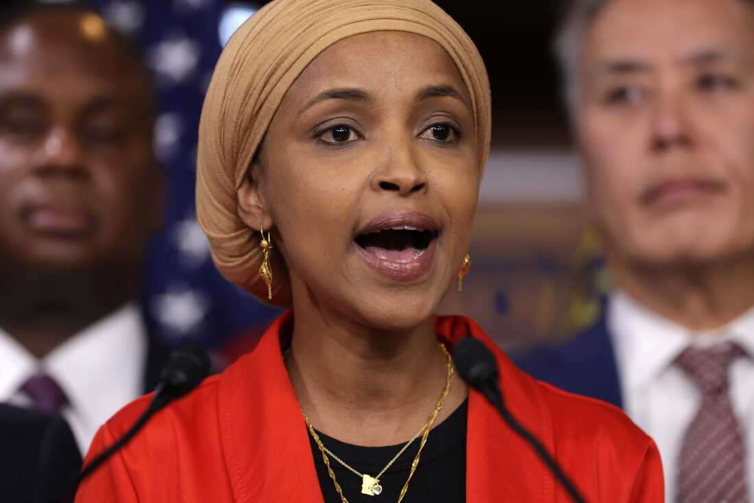 In this file photo, Rep. Ilhan Omar, D-Minn., speaks during a news conference at the U.S. Capitol on September 20, 2023 in Washington, DC. The Congressional Progressive Caucus held a news conference to give the progressive perspective of a possible government shutdown. (Photo by Alex Wong/Getty Images)