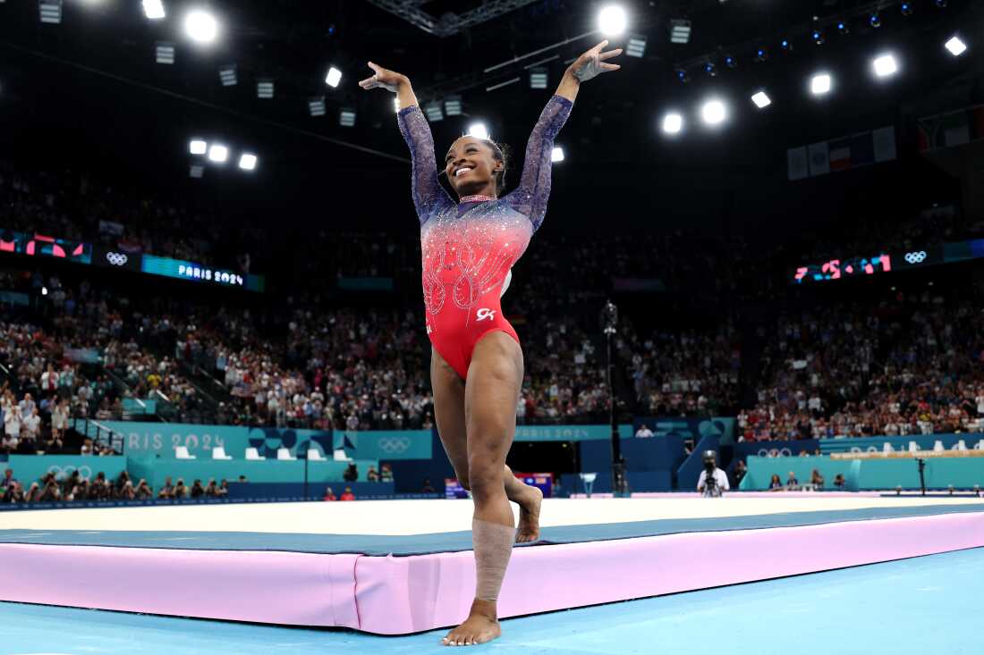 American Simone Biles celebrates at the end of her floor exercise individual event final on Monday at the Paris Olympics. Biles finished in second to win a silver medal and her fourth overall medal of the Games. Her teammate, Jordan Chiles, took the bronze.