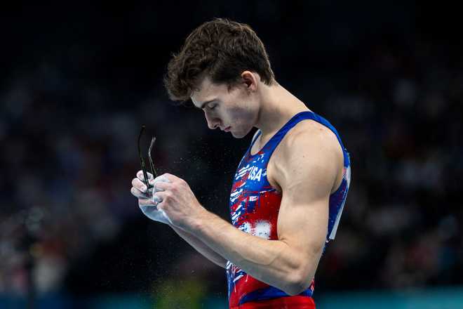 PARIS, FRANCE: JULY 27: Stephen Nedoroscik of the United States prepares to perform his pommel horse routine during Artistic Gymnastics, Men&apos;s Qualification at the Bercy Arena during the Paris 2024 Summer Olympic Games on July 27th, 2024 in Paris, France. (Photo by Tim Clayton/Corbis via Getty Images)