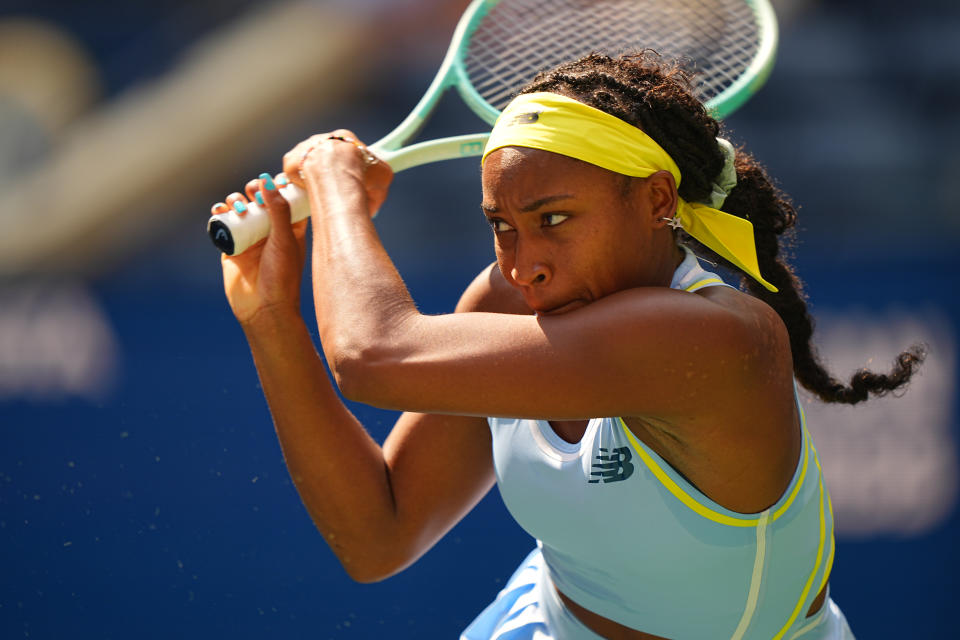 Tennis: US Open: Coco Gauff of the United States in action, hits the ball vs Varvara Gracheva of France during the Women's Singles First Round match at Billie Jean King Tennis Center. 
Flushing, NY 8/26/2024 
CREDIT: Erick W. Rasco (Photo by Erick W. Rasco/Sports Illustrated via Getty Images) 
(Set Number: X164598 TK1)