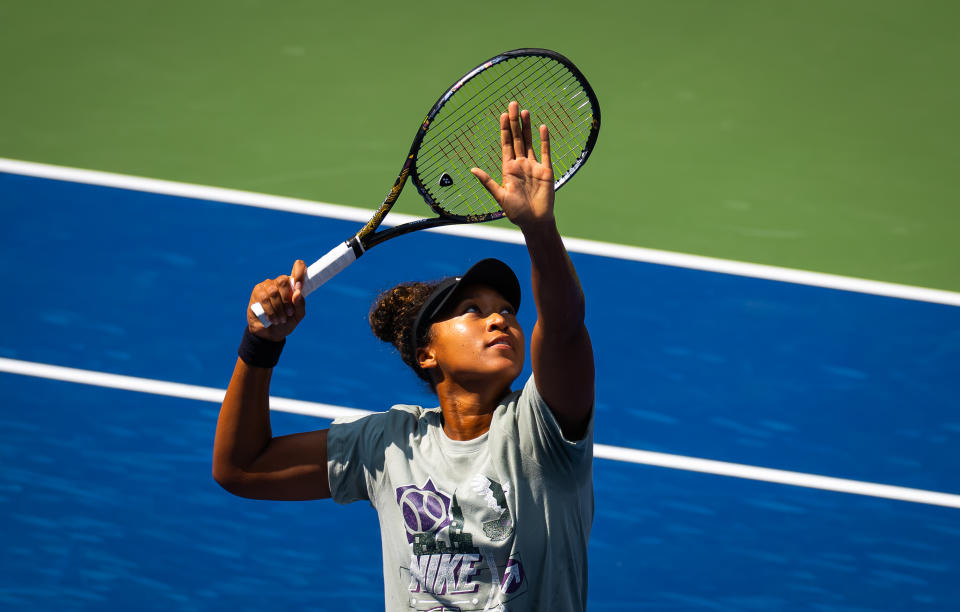 NEW YORK, NEW YORK - AUGUST 25: Naomi Osaka of Japan during practice ahead of the US Open at USTA Billie Jean King National Tennis Center on August 25, 2024 in New York City (Photo by Robert Prange/Getty Images)