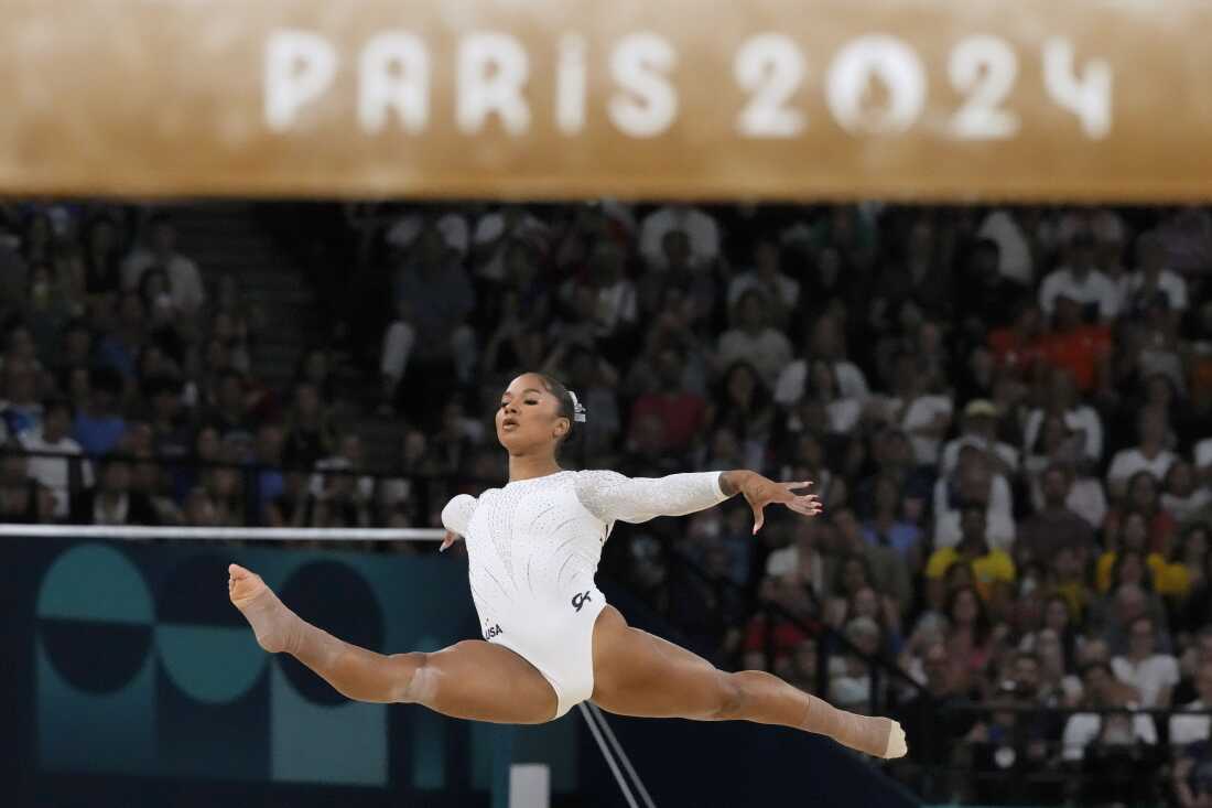 Jordan Chiles, of the United States, competes during the women's artistic gymnastics individual floor finals Monday at Bercy Arena at the 2024 Summer Olympics. Chiles won bronze after a last-minute inquiry found the judges had underscored her by a tenth of a point. On Saturday, an appeals court vacated the inquiry, saying it had come four seconds too late.