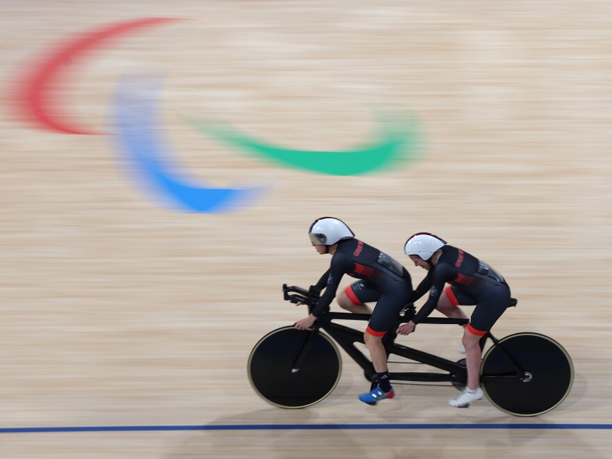 Pilot Carine Hall and Lora Fachi of Great Britain Class B during a training session at the Velodrome National de Saint-Quentin-en Yvelines in Paris on Tuesday.