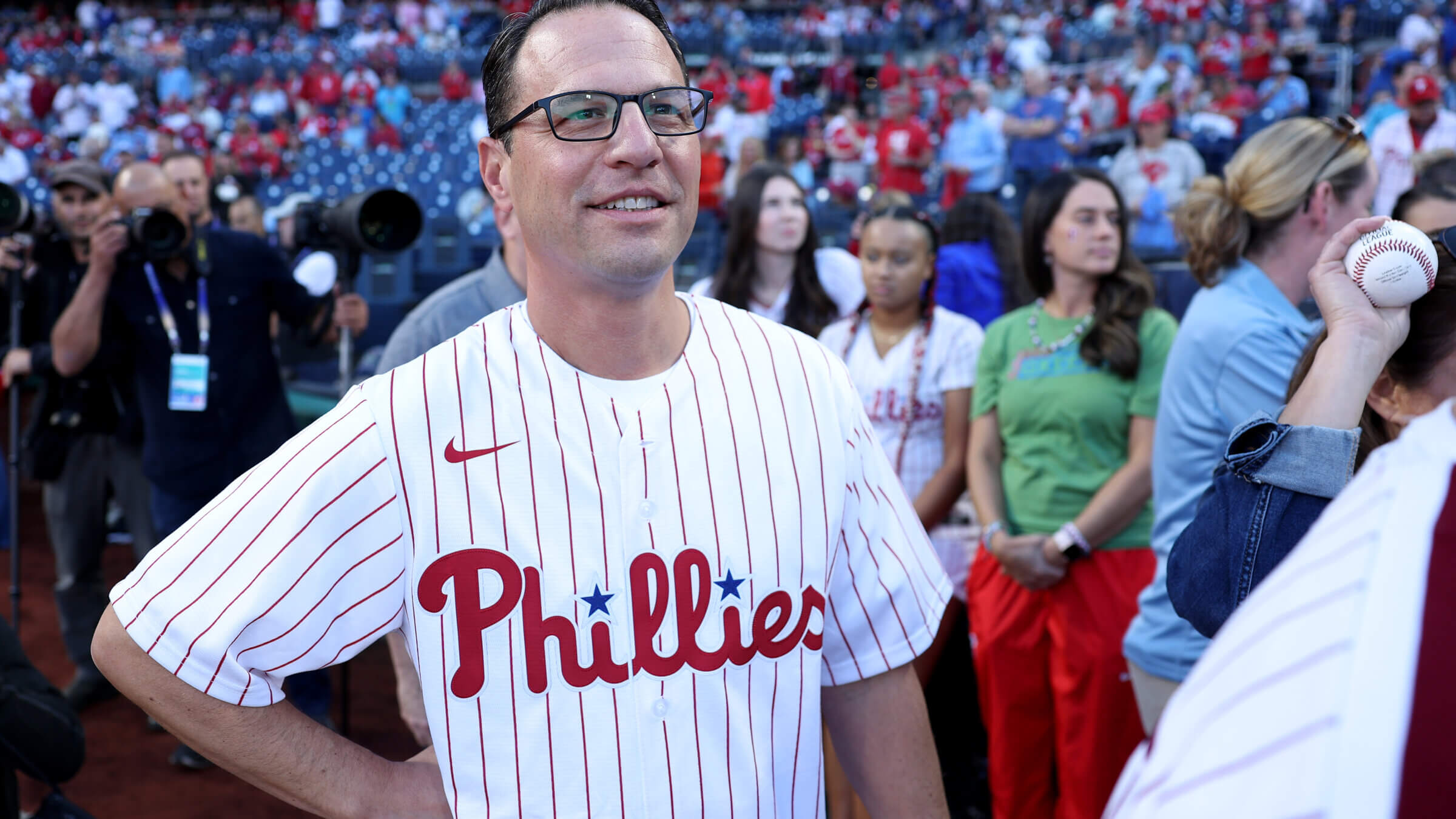 Josh Shapiro at a Atlanta Braves- Philadelphia Phillies playoff game in 2023.