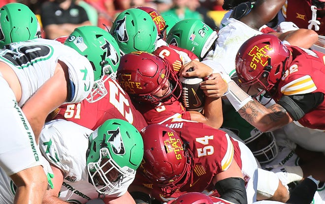 Iowa State Cyclones quarterback Rocco Becht (3) drives for a touchdown against North Dakota during the fourth quarter in the season opening game at Jack Trice Stadium on Aug. 31, 2024,  in Ames, Iowa