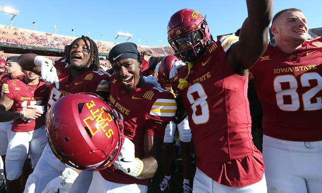 Iowa State football team celebrate after winning 21-3 over North Dakota in the season opening game at Jack Trice Stadium on Aug. 31, 2024,  in Ames, Iowa