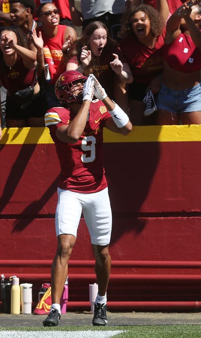 Iowa State Cyclones wide receiver Jayden Higgins (9) celebrates after a touchdown against North Dakota during the first quarter in the season opening game at Jack Trice Stadium on Aug. 31, 2024,  in Ames, Iowa