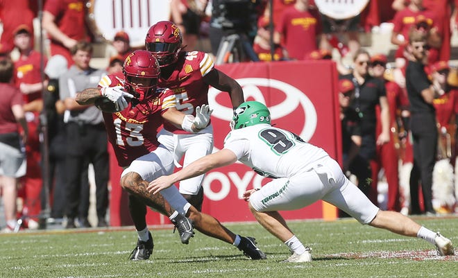 Iowa State Cyclones punt returner Jaylin Noel (13) runs with the ball against North Dakota during punt return in the first quarter in the season opening game at Jack Trice Stadium on Aug. 31, 2024,  in Ames, Iowa