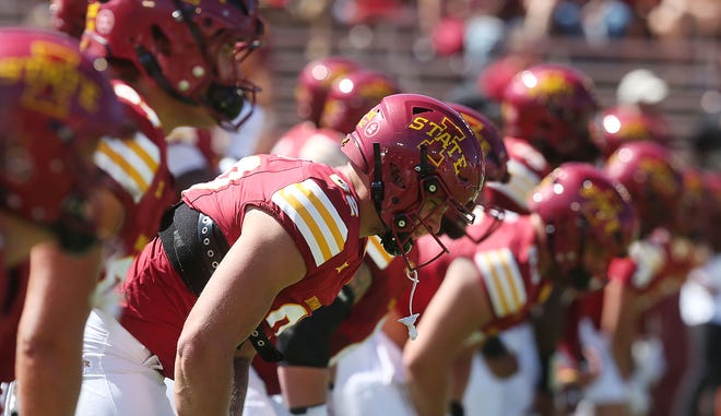 Iowa State football team warms up before the season opening game against North Dakota at Jack Trice Stadium on Aug. 31, 2024,  in Ames, Iowa