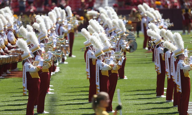 Iowa State marching band performs before Iowa State and North Dakota football game in the season opening at Jack Trice Stadium on Aug. 31, 2024,  in Ames, Iowa