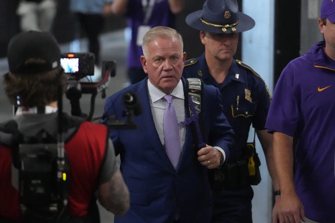 LSU football coach Brian Kelly arrives before the game against the USC Trojans at on Sunday, Sept. 1, 2024, at Allegiant Stadium in Paradise, Nevada.