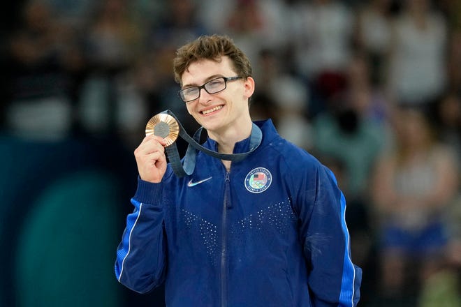 Stephen Nedoroscik of the United States poses for a photo with his bronze medal on the pommel horse on the first day of gymnastics event finals during the Paris 2024 Olympic Summer Games at Bercy Arena. Mandatory Credit: Kyle Terada-USA TODAY Sports