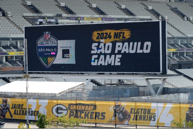 The video board at Arena Corinthians aka Neo Qu’mica Arena. The stadium is the site of the 2024 NFL Sao Paolo game between the Philadelphia Eagles and the Green Bay Packers.