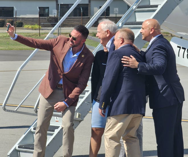 Democratic Vice Presidential candidate Tim Walz touches down at Erie International Airport in Erie, Pa. on Sept. 5, 2024.