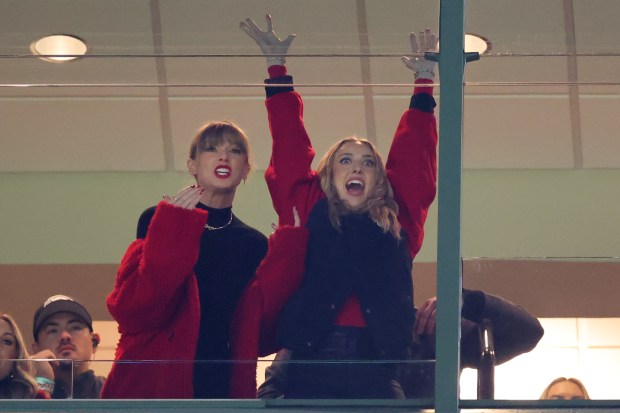 GREEN BAY, WISCONSIN - DECEMBER 03: Taylor Swift and Brittany Mahomes react in a suite during the game between the Kansas City Chiefs and the Green Bay Packers at Lambeau Field on December 03, 2023 in Green Bay, Wisconsin. (Photo by Stacy Revere/Getty Images)