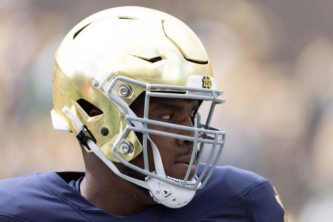 Notre Dame offensive lineman Aamil Wagner warms up before a NCAA college football game between Notre Dame and Northern Illinois at Notre Dame Stadium on Saturday, Sept. 7, 2024, in South Bend.