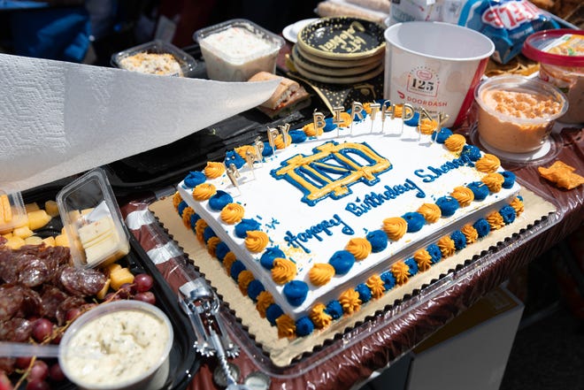 A Notre Dame themed birthday cake at a tailgate before a NCAA college football game between Notre Dame and Northern Illinois at Notre Dame Stadium on Saturday, Sept. 7, 2024, in South Bend.