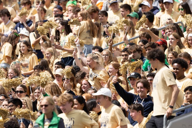 Notre Dame fans cheer before a NCAA college football game between Notre Dame and Northern Illinois at Notre Dame Stadium on Saturday, Sept. 7, 2024, in South Bend.