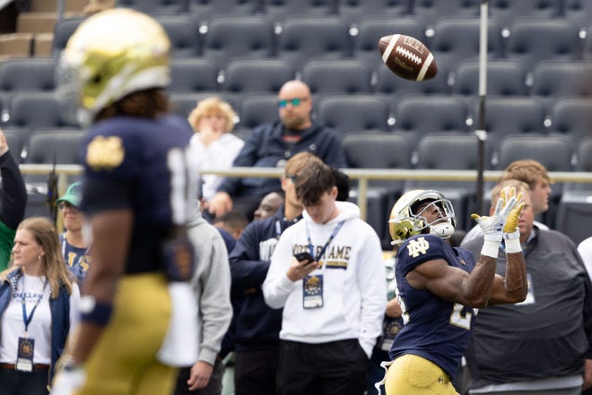 Notre Dame running back Jadarian Price catches the ball during warm ups before a NCAA college football game between Notre Dame and Northern Illinois at Notre Dame Stadium on Saturday, Sept. 7, 2024, in South Bend.