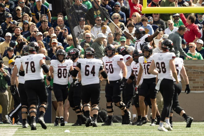 Northern Illinois celebrates scoring a touchdown during a NCAA college football game between Notre Dame and Northern Illinois at Notre Dame Stadium on Saturday, Sept. 7, 2024, in South Bend.