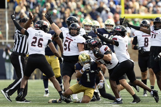 Northern Illinois linebacker Christian Fuhrman (44) intercepts a Notre Dame pass during a NCAA college football game between Notre Dame and Northern Illinois at Notre Dame Stadium on Saturday, Sept. 7, 2024, in South Bend.