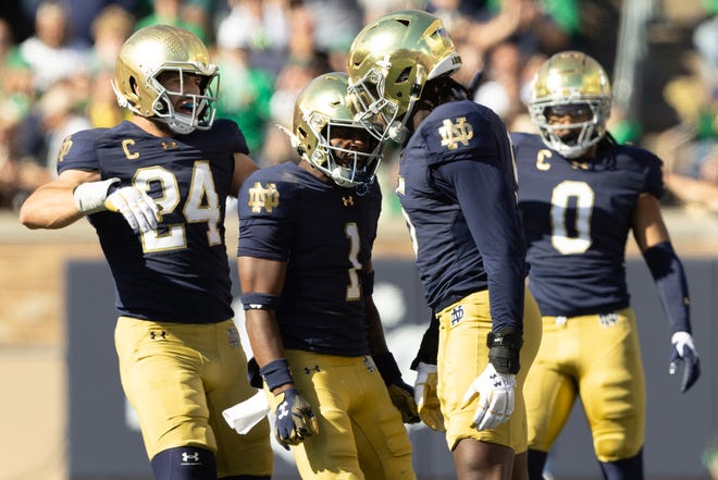 Notre Dame defensive lineman Boubacar Traore, second from right, celebrates getting a stop during a NCAA college football game between Notre Dame and Northern Illinois at Notre Dame Stadium on Saturday, Sept. 7, 2024, in South Bend.