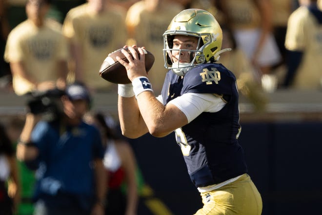 Notre Dame quarterback Riley Leonard looks for an open receiver during a NCAA college football game between Notre Dame and Northern Illinois at Notre Dame Stadium on Saturday, Sept. 7, 2024, in South Bend.