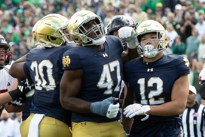 Notre Dame defensive lineman Jason Onye (47) reacts after a Northern Illinois field goal during a NCAA college football game between Notre Dame and Northern Illinois at Notre Dame Stadium on Saturday, Sept. 7, 2024, in South Bend.