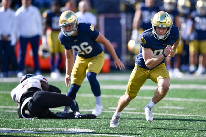 Sep 7, 2024; South Bend, Indiana, USA; Notre Dame Fighting Irish kicker Mitch Jeter (98) chases down a blocked kick in the second quarter against the Northern Illinois Huskies at Notre Dame Stadium. Mandatory Credit: Matt Cashore-Imagn Images