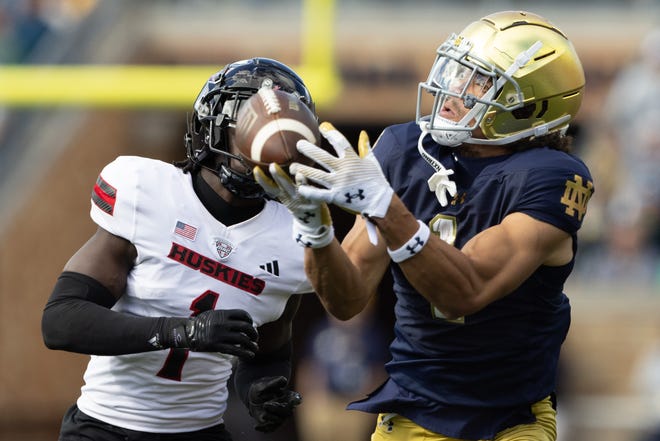 Notre Dame wide receiver Jaden Greathouse, right, drops a catch with Northern Illinois defensive back Jashon Prophete chasing during a NCAA college football game between Notre Dame and Northern Illinois at Notre Dame Stadium on Saturday, Sept. 7, 2024, in South Bend.