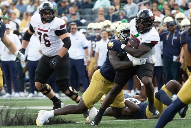 Notre Dame defensive lineman R.J. Oben tackles Northern Illinois running back Antario Brown during a NCAA college football game between Notre Dame and Northern Illinois at Notre Dame Stadium on Saturday, Sept. 7, 2024, in South Bend.