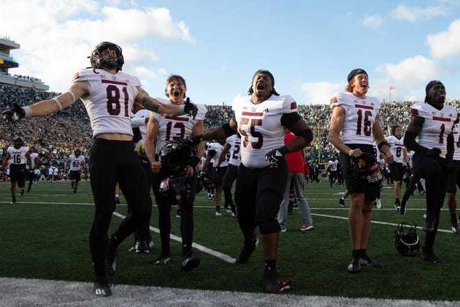 Northern Illinois celebrates after wining a NCAA college football game 16-14 against Notre Dame at Notre Dame Stadium on Saturday, Sept. 7, 2024, in South Bend.