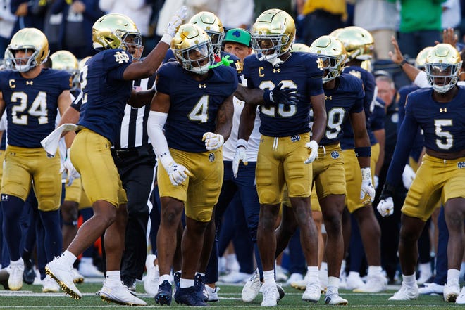 Notre Dame's defense celebrates getting a stop during a NCAA college football game between Notre Dame and Northern Illinois at Notre Dame Stadium on Saturday, Sept. 7, 2024, in South Bend.