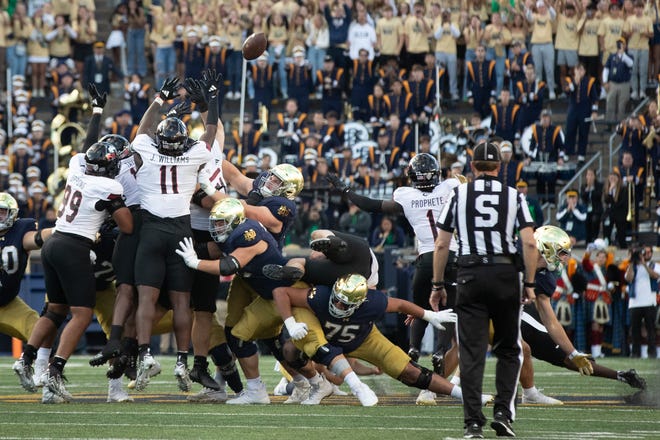 Notre Dame's last second field goal attempt is blocked to give Northern Illinois the 16-14 win in a NCAA college football game at Notre Dame Stadium on Saturday, Sept. 7, 2024, in South Bend.