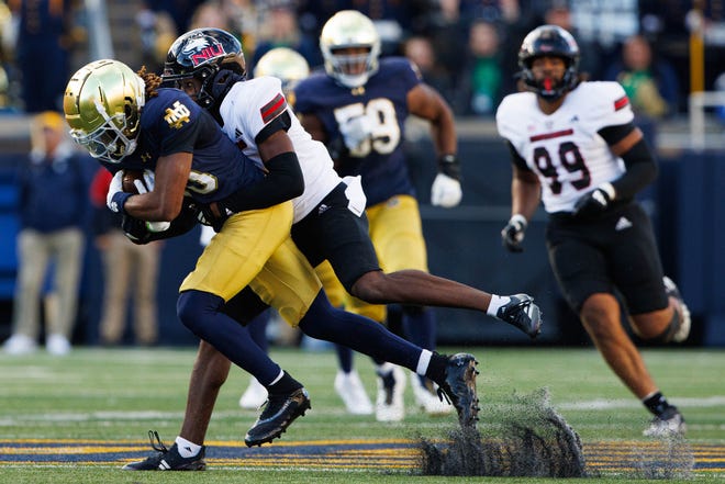 Northern Illinois cornerback Jacob Finley brings down Notre Dame wide receiver Kris Mitchell during a NCAA college football game between Notre Dame and Northern Illinois at Notre Dame Stadium on Saturday, Sept. 7, 2024, in South Bend.