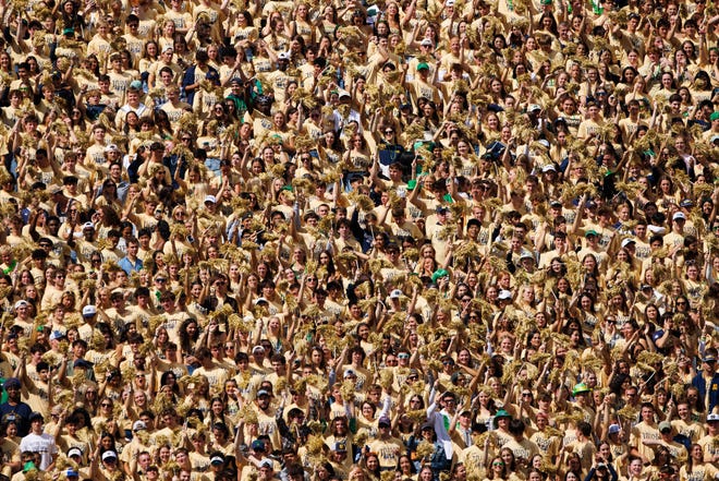 Notre Dame's student section chants before a NCAA college football game between Notre Dame and Northern Illinois at Notre Dame Stadium on Saturday, Sept. 7, 2024, in South Bend.