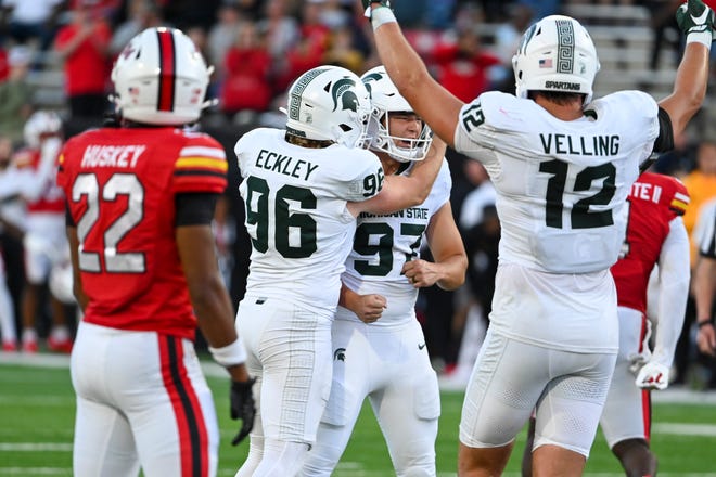 Michigan State Spartans place kicker Jonathan Kim reacts after making the eventual game winning field goal against the Maryland Terrapins during the second half at SECU Stadium on Saturday, Sept. 7, 2024, in College Park, Md.