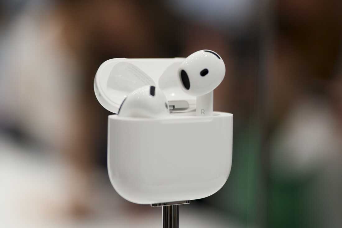 AirPods are displayed during an announcement of new products at Apple headquarters Monday, Sept. 9, 2024, in Cupertino, Calif.