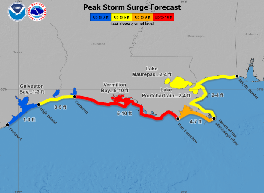 The NHC says water levels along the immediate coast could reach the following heights above ground level within the indicated areas.