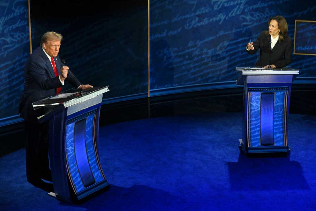 Vice President and Democratic presidential candidate Kamala Harris and former US President and Republican presidential candidate Donald Trump speak during a presidential debate at the National Constitution Center in Philadelphia, Pennsylvania, on Sept. 10, 2024.