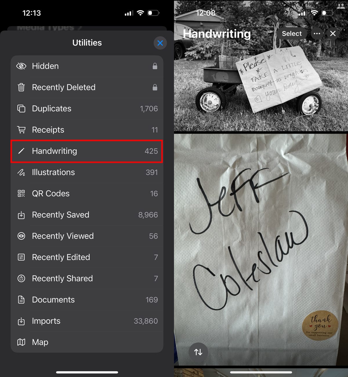 Two iPhone screenshots of the Photos app. At left is the list of Utilities options with Handwriting marked with a red box. At right are two images that include handwriting, including a paper bag that reads 