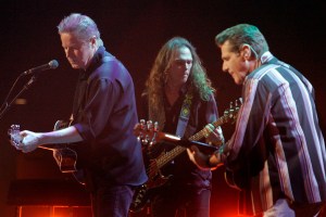 The Eagles performing at Nokia Center. Band members(L to R) Don Henley, Timothy B. Schmit, and Glenn Frey on stage.  (Photo by Lawrence K. Ho/Los Angeles Times via Getty Images)