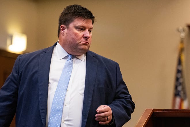 State Attorney Michael Smith walks up to the podium to speak during Carly Gregg's trial at Rankin County Courthouse in Brandon, Miss., on Monday, Sept. 16, 2024.