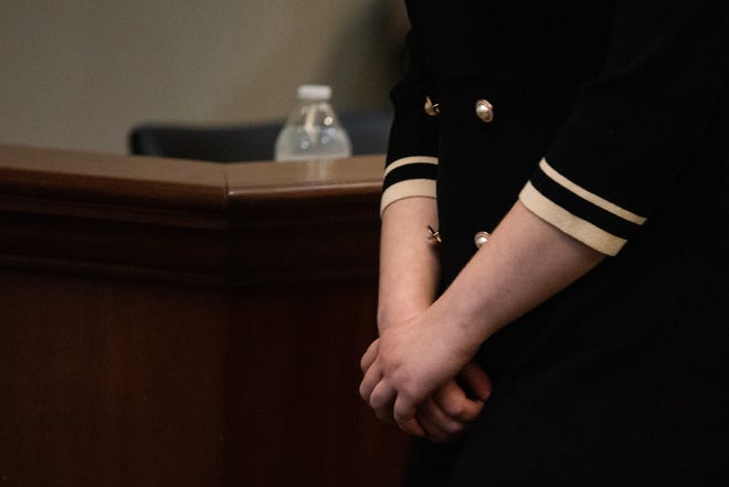 Carly Gregg walks back to her seat after a break during day three of Gregg's trial at Rankin County Courthouse in Brandon on Wednesday, Sept. 18, 2024.