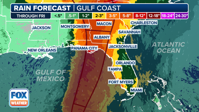 The rainfall forecast for the Southeast because of Tropical Storm Helene.