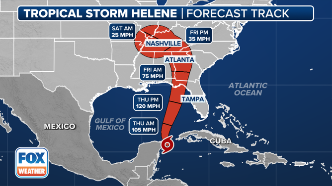 This graphic shows the forecast track for Tropical Storm Helene.