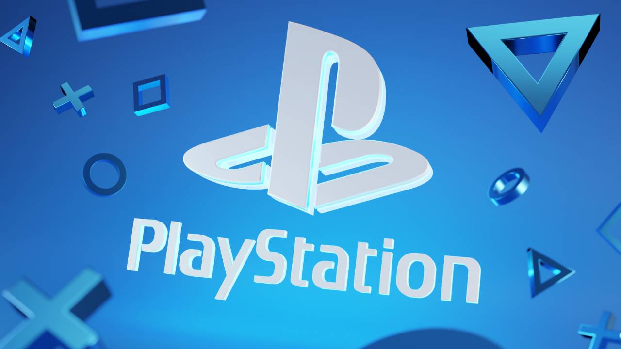 PlayStation logo on a blue background with PlayStation symbols surrounding it