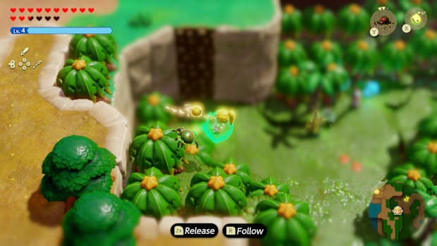 Zelda Echoes of Wisdom: Zelda bound to a spider-like creature floating behind it as it climbs up a tree in the wetlands.